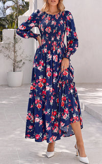 PRETTYGARDEN Womens Long Sleeve Floral Casual Fall Dresses with Pockets Crewneck Smocked Flowy A Line Tiered Boho Maxi Dress, Elegant Classy Wedding Guest Cocktail Party Beach Vacation Outfits