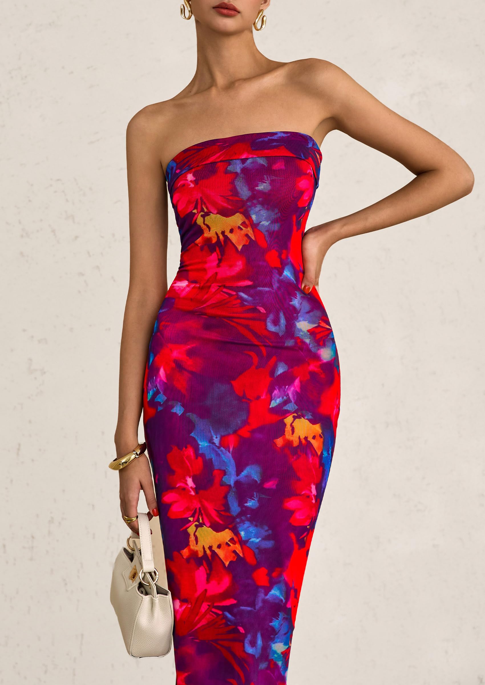 PRETTYGARDEN Womens Printed Tube Maxi Dress Strapless Bodycon Sleeveless Night Out Long Dresses