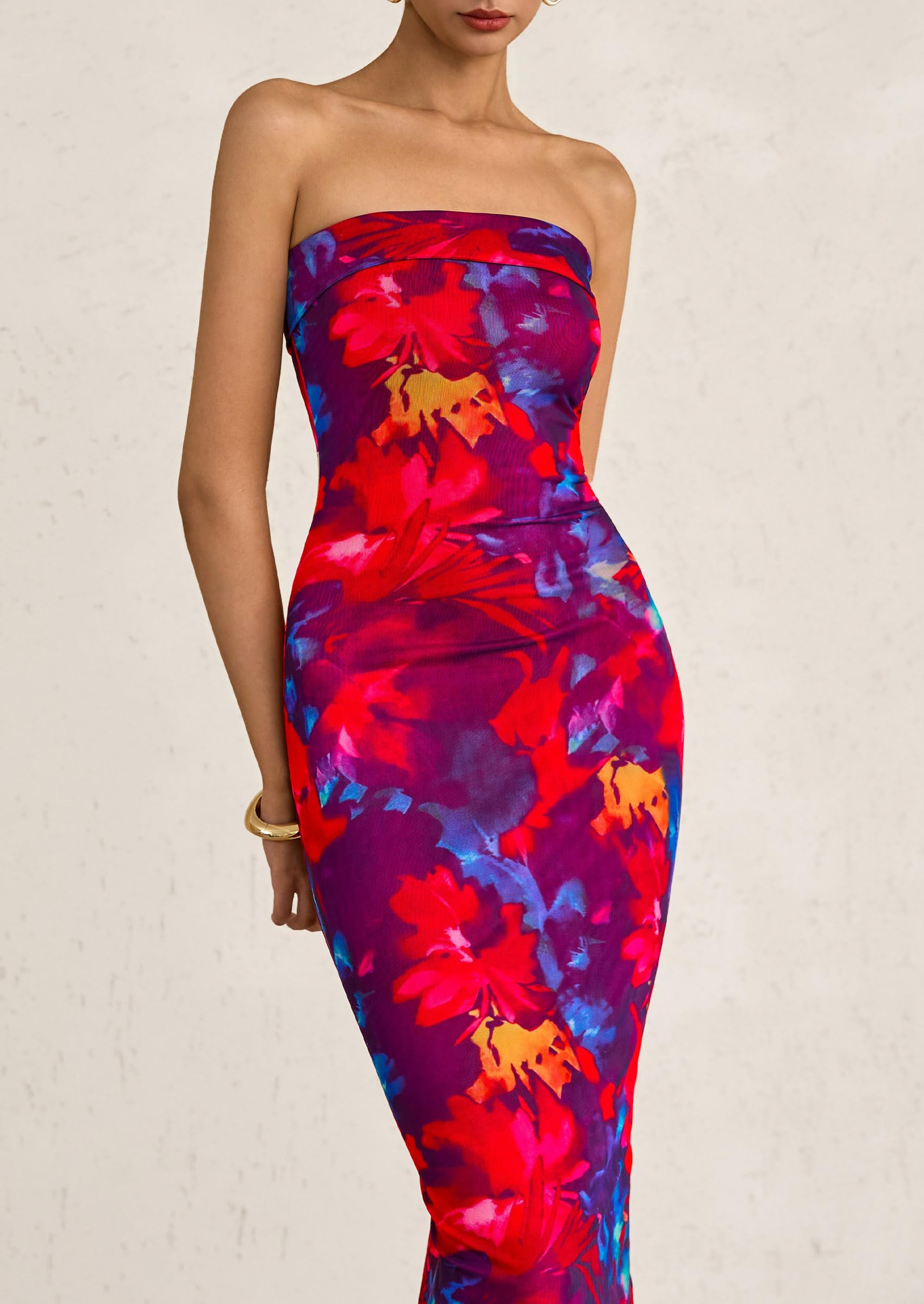 PRETTYGARDEN Womens Printed Tube Maxi Dress Strapless Bodycon Sleeveless Night Out Long Dresses