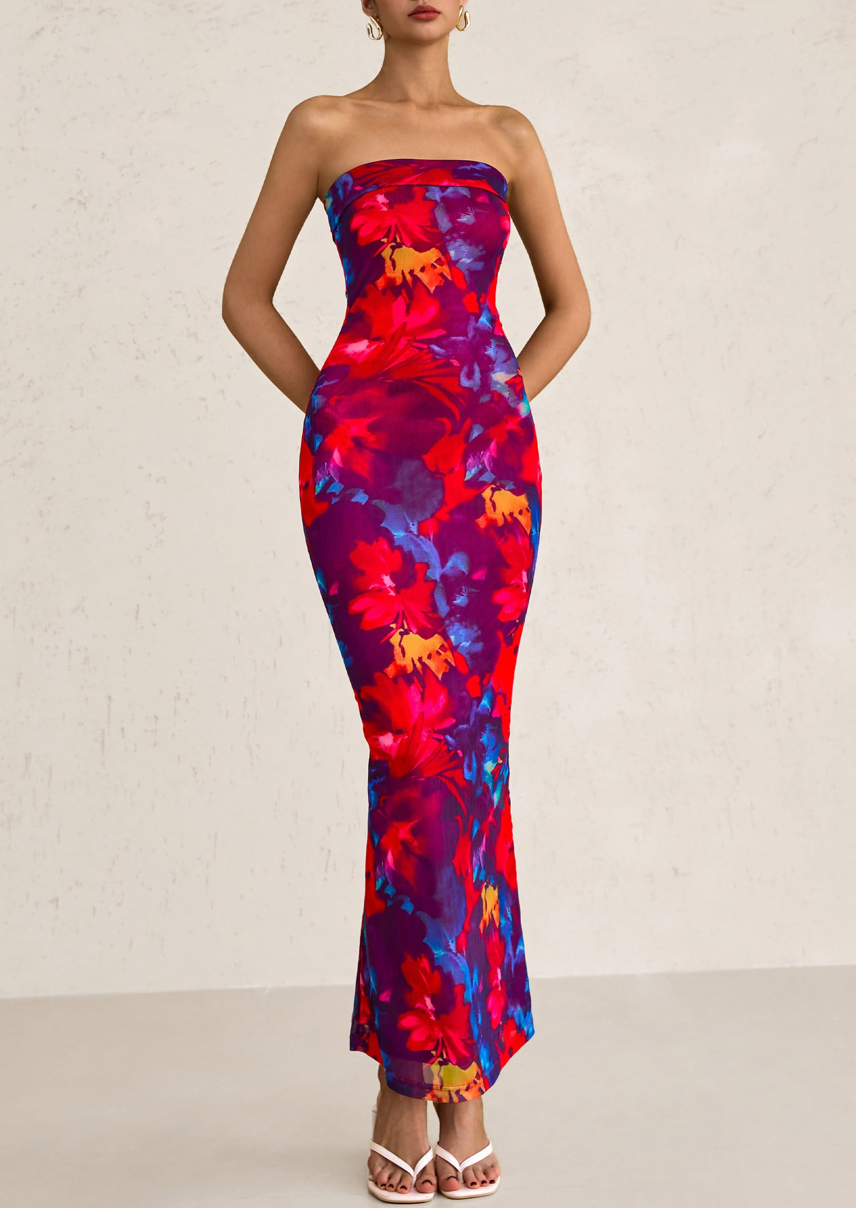 PRETTYGARDEN Womens Printed Tube Maxi Dress Strapless Bodycon Sleeveless Night Out Long Dresses