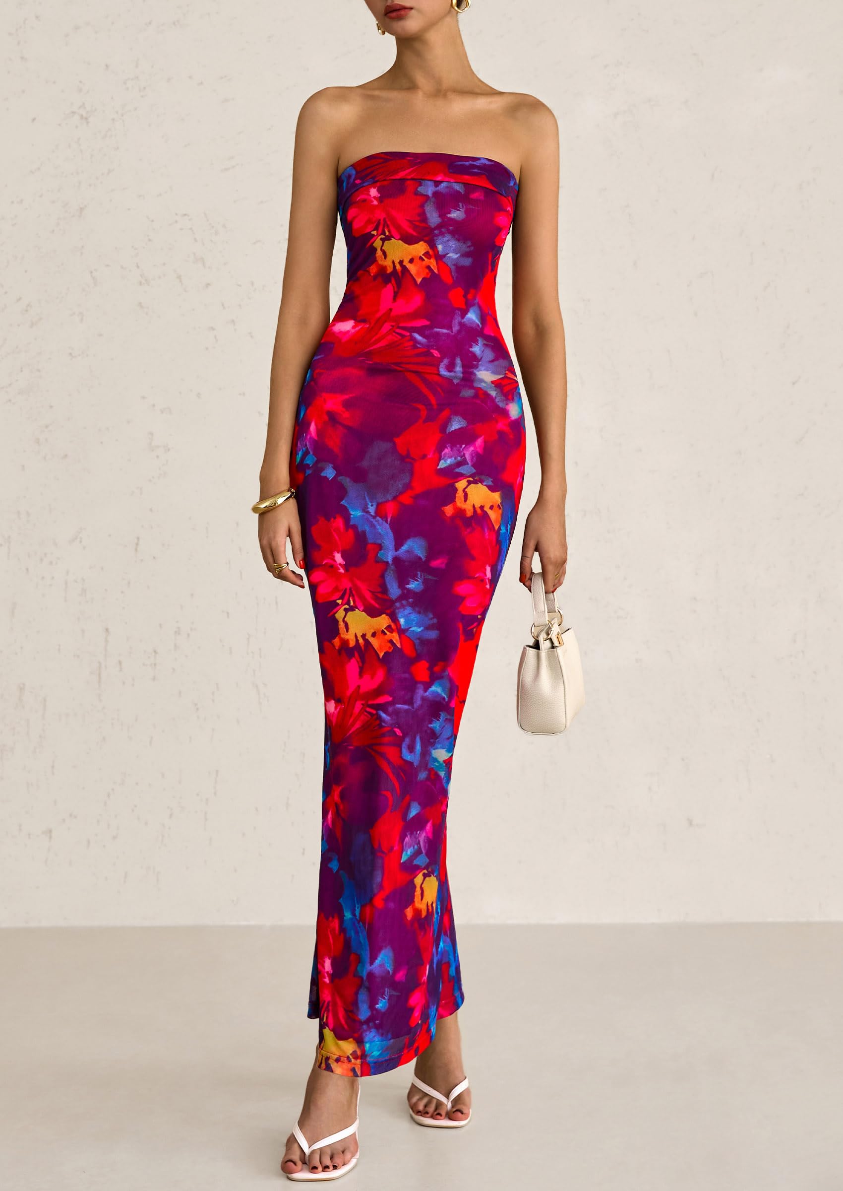 PRETTYGARDEN Womens Printed Tube Maxi Dress Strapless Bodycon Sleeveless Night Out Long Dresses