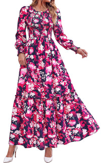 PRETTYGARDEN Womens Long Sleeve Floral Casual Fall Dresses with Pockets Crewneck Smocked Flowy A Line Tiered Boho Maxi Dress, Elegant Classy Wedding Guest Cocktail Party Beach Vacation Outfits