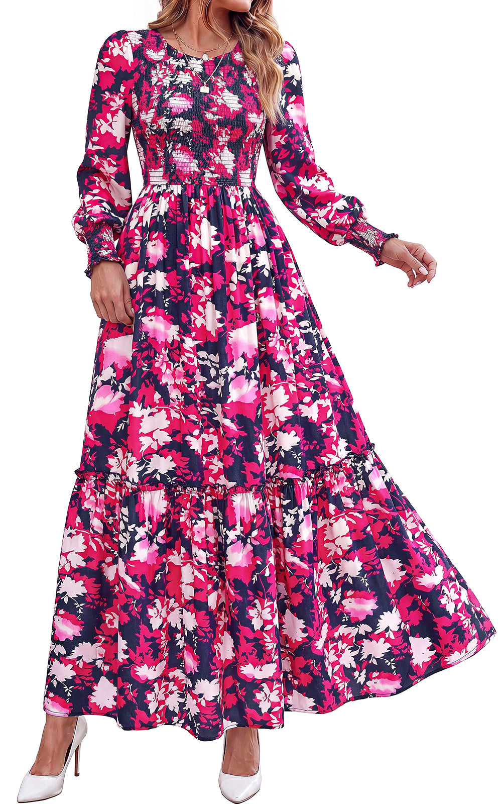PRETTYGARDEN Womens Long Sleeve Floral Casual Fall Dresses with Pockets Crewneck Smocked Flowy A Line Tiered Boho Maxi Dress, Elegant Classy Wedding Guest Cocktail Party Beach Vacation Outfits