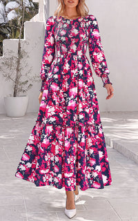 PRETTYGARDEN Womens Long Sleeve Floral Casual Fall Dresses with Pockets Crewneck Smocked Flowy A Line Tiered Boho Maxi Dress, Elegant Classy Wedding Guest Cocktail Party Beach Vacation Outfits
