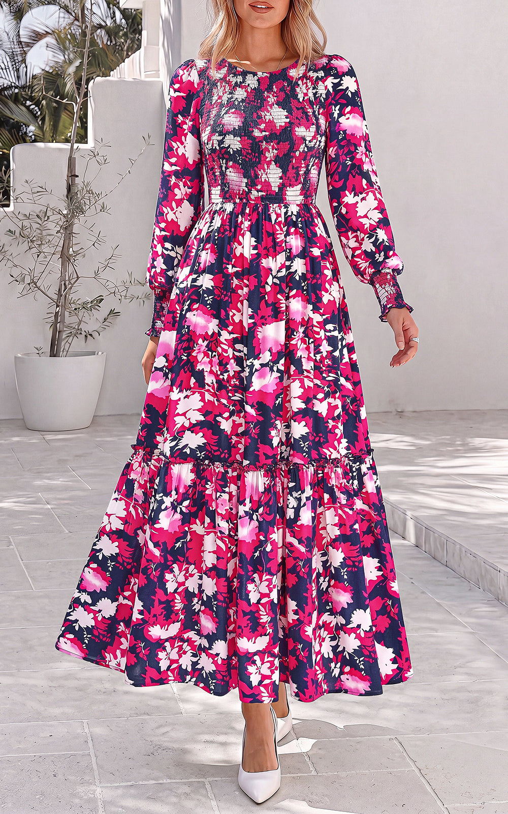 PRETTYGARDEN Womens Long Sleeve Floral Casual Fall Dresses with Pockets Crewneck Smocked Flowy A Line Tiered Boho Maxi Dress, Elegant Classy Wedding Guest Cocktail Party Beach Vacation Outfits