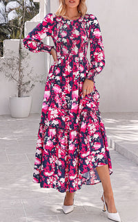 PRETTYGARDEN Womens Long Sleeve Floral Casual Fall Dresses with Pockets Crewneck Smocked Flowy A Line Tiered Boho Maxi Dress, Elegant Classy Wedding Guest Cocktail Party Beach Vacation Outfits