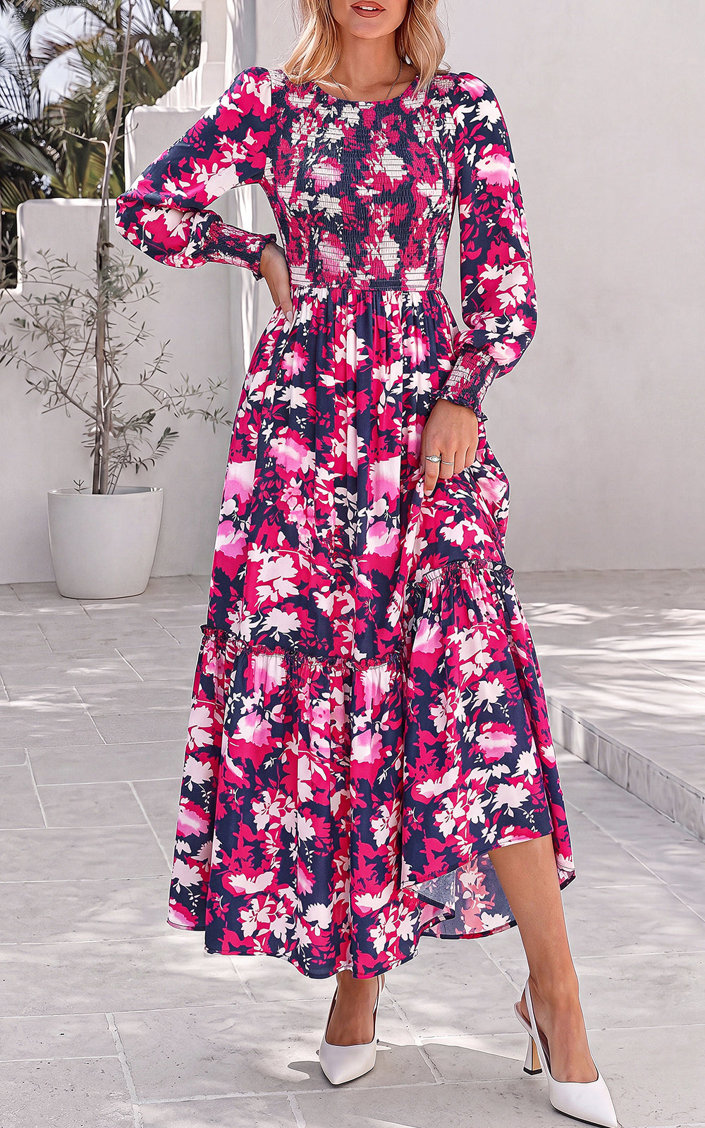 PRETTYGARDEN Womens Long Sleeve Floral Casual Fall Dresses with Pockets Crewneck Smocked Flowy A Line Tiered Boho Maxi Dress, Elegant Classy Wedding Guest Cocktail Party Beach Vacation Outfits