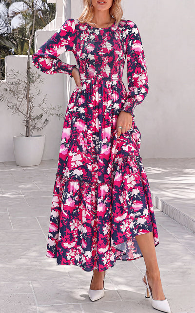 PRETTYGARDEN Womens Long Sleeve Floral Casual Fall Dresses with Pockets Crewneck Smocked Flowy A Line Tiered Boho Maxi Dress, Elegant Classy Wedding Guest Cocktail Party Beach Vacation Outfits