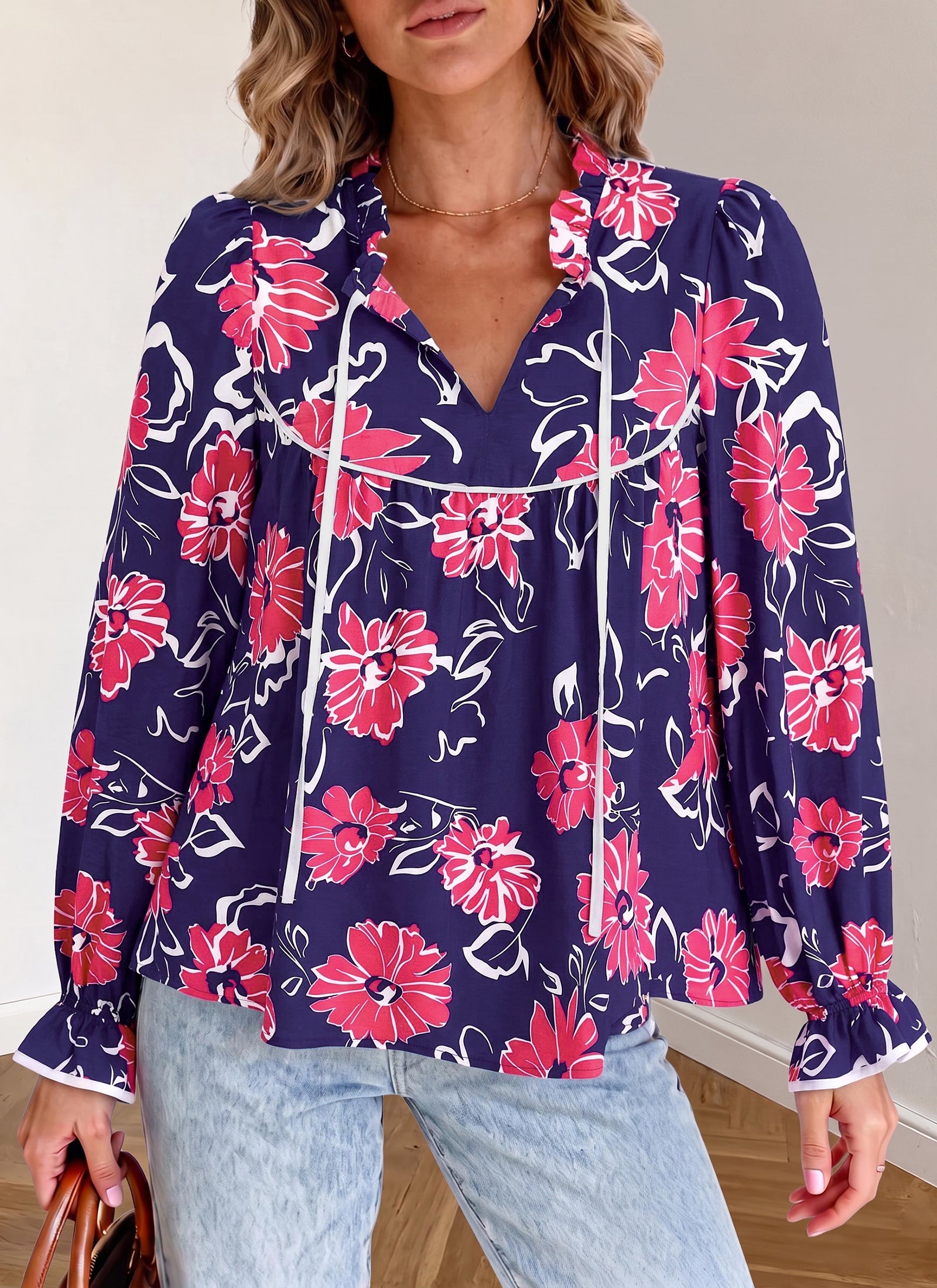 PRETTYGARDEN Women Boho Floral Babydoll Tunic Top