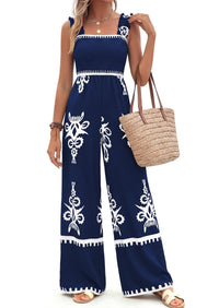 PRETTYGARDEN Womens Jumpsuit Casual One Piece Boho Summer Outfits Shirred Strap Wide Leg Long Pants Rompers With Pockets