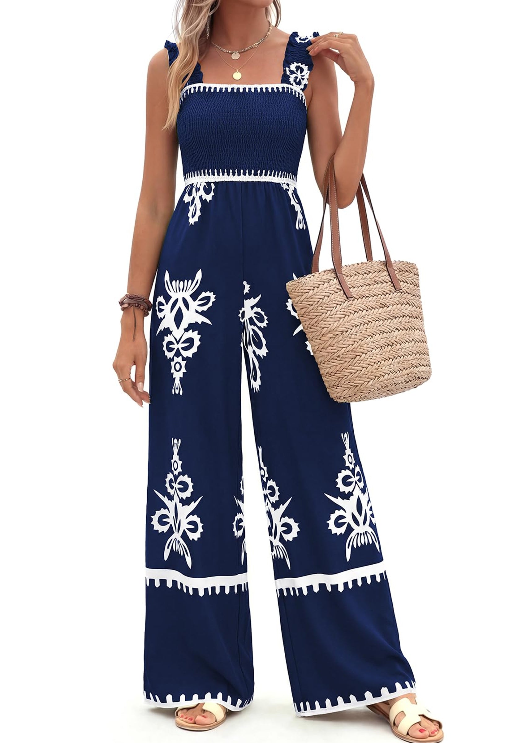 PRETTYGARDEN Womens Jumpsuit Casual One Piece Boho Summer Outfits Shirred Strap Wide Leg Long Pants Rompers With Pockets