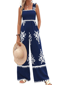 PRETTYGARDEN Womens Jumpsuit Casual One Piece Boho Summer Outfits Shirred Strap Wide Leg Long Pants Rompers With Pockets