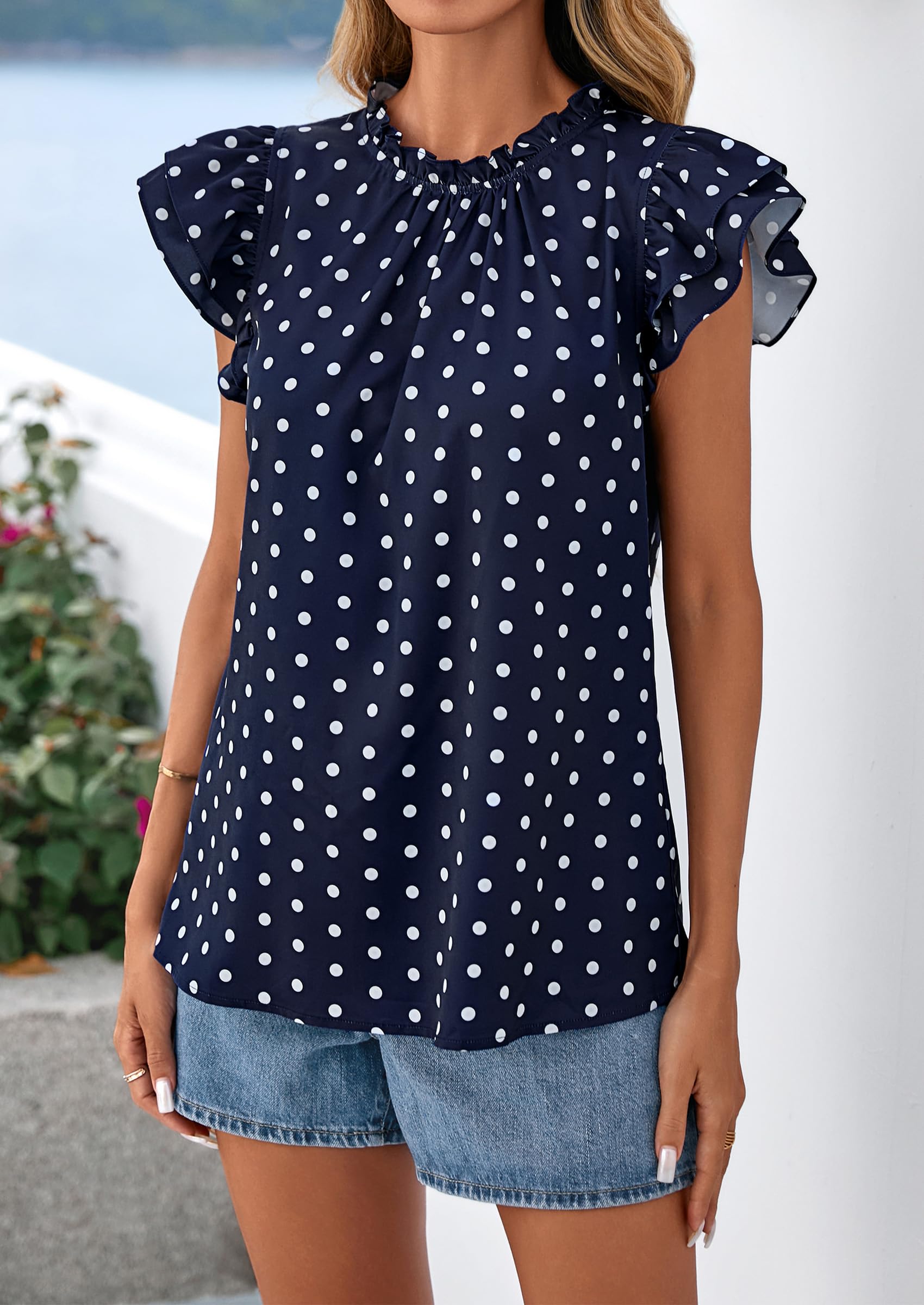 PRETTYGARDEN Women's Ruffle Short Sleeve Summer Tops Trendy Floral Trim Neck Casual Dressy Chiffon Boho Blouses Shirts PRETTYGARDEN