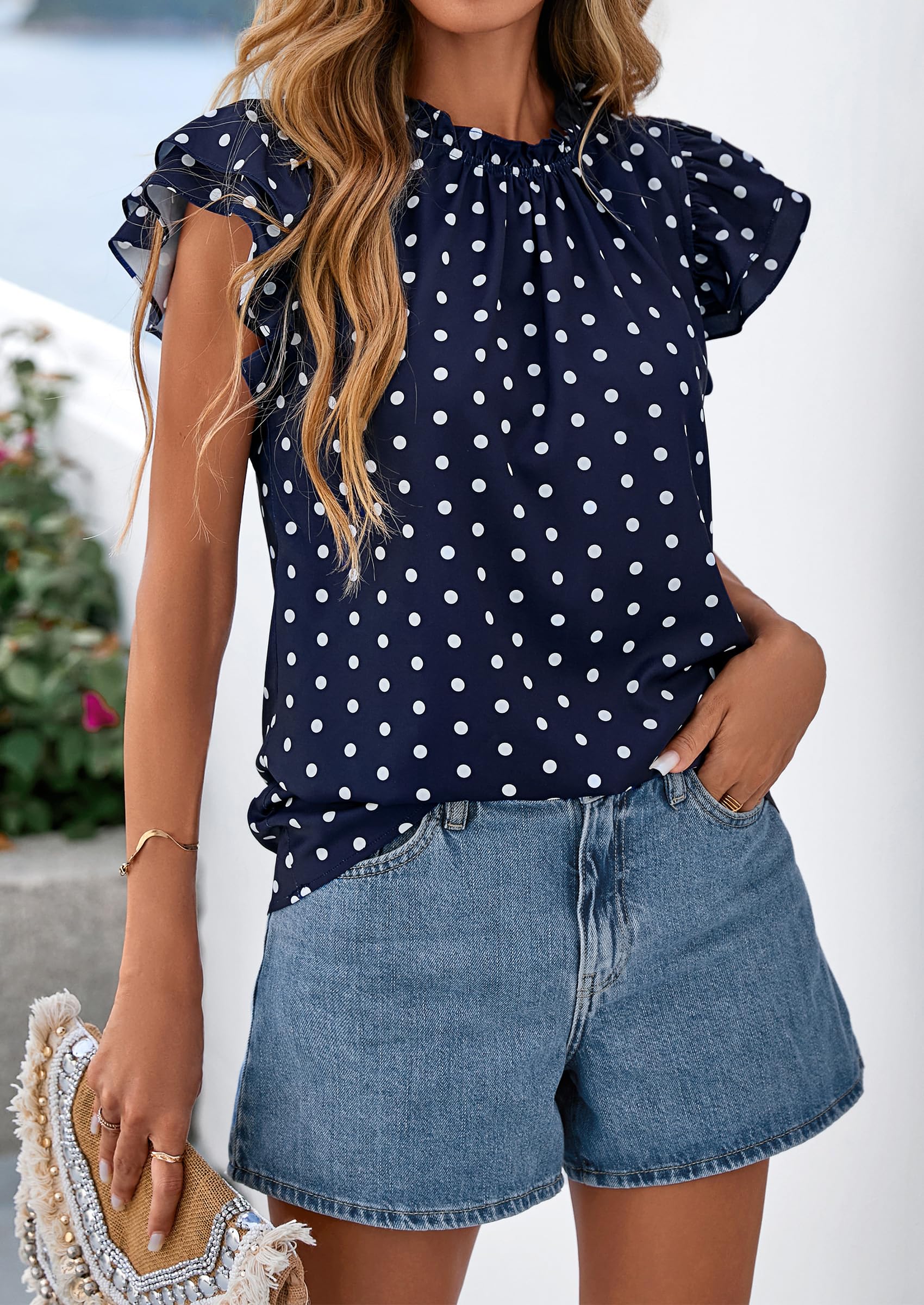 PRETTYGARDEN Women's Ruffle Short Sleeve Summer Tops Trendy Floral Trim Neck Casual Dressy Chiffon Boho Blouses Shirts PRETTYGARDEN