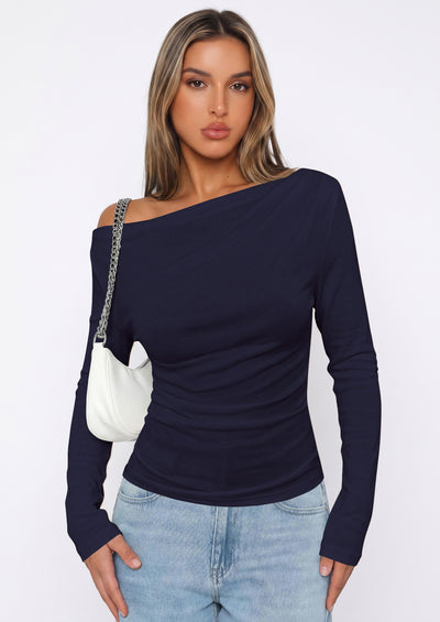 PRETTYGARDEN Off The Shoulder Tops for Women Going Out Long Sleeve Shirts Fall Casual Fitted Ribbed Ruched Y2K Clothes