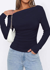 PRETTYGARDEN Off The Shoulder Tops for Women Going Out Long Sleeve Shirts Fall Casual Fitted Ribbed Ruched Y2K Clothes