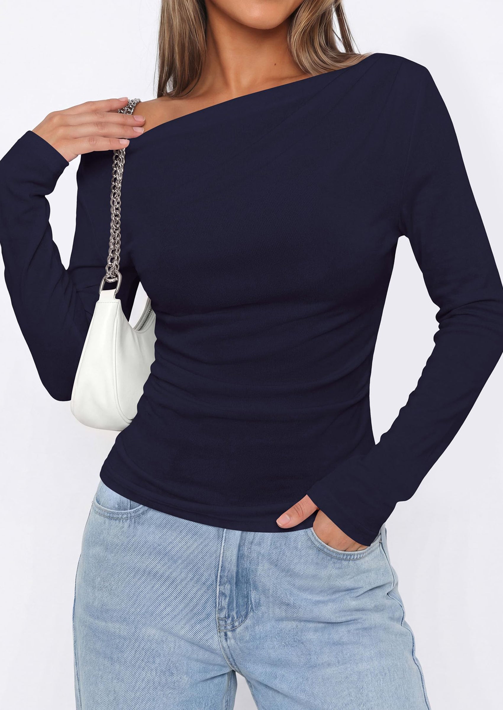 PRETTYGARDEN Off The Shoulder Tops for Women Going Out Long Sleeve Shirts Fall Casual Fitted Ribbed Ruched Y2K Clothes