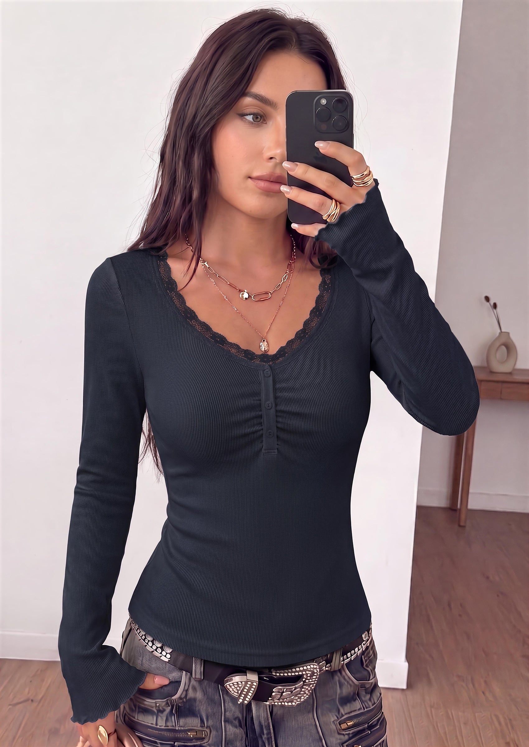 PRETTYGARDEN Womens Fall Long Sleeve Tops Lace Trim V Neck Button Henley Tshirts Slim Fitted Going Out Y2k Basic Shirts 2026