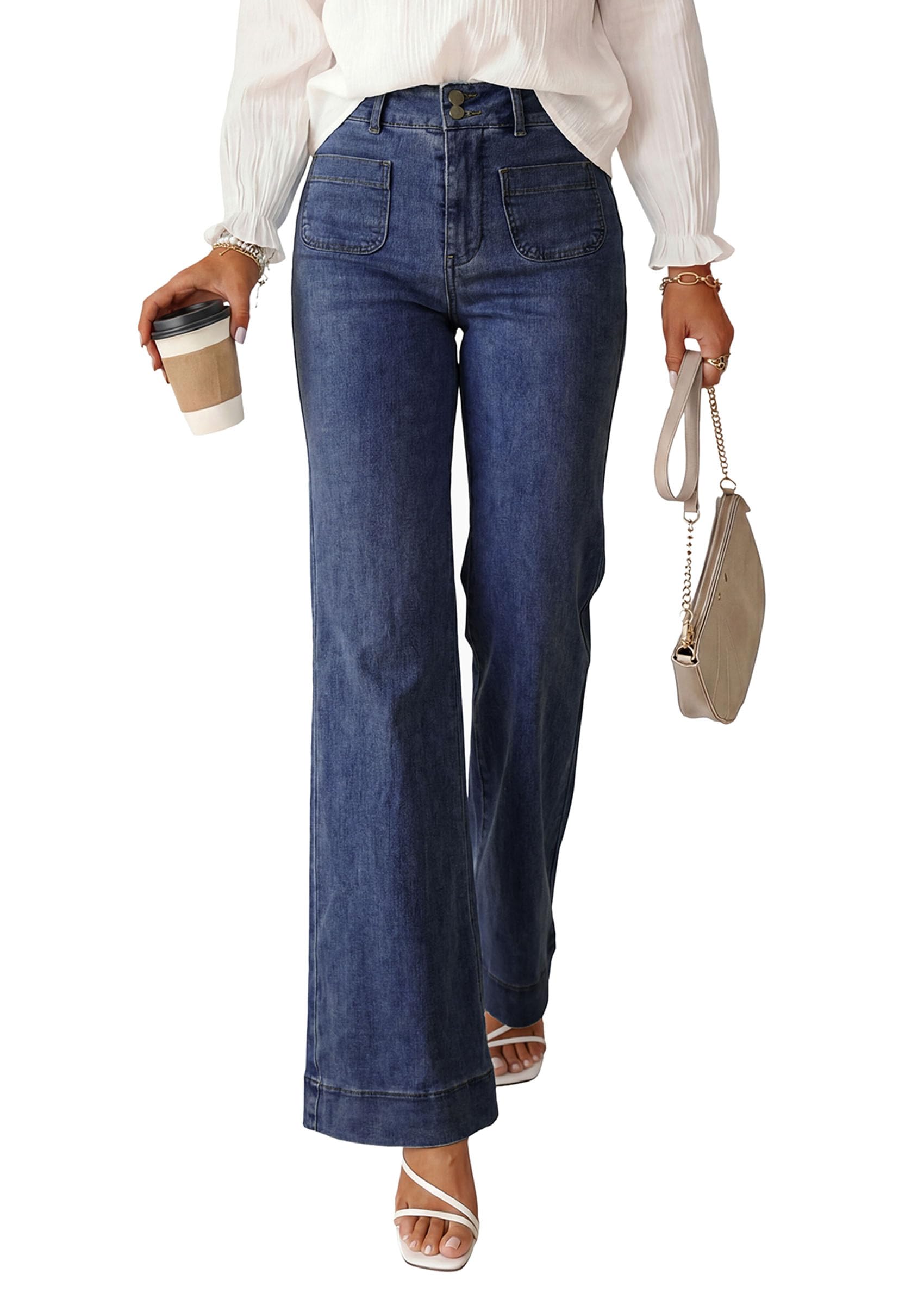 PRETTYGARDEN Womens Wide Leg Jeans High Waisted Stretchy|High Rise Bootcut Jeans with Front Patch Pockets, Loose Fit Daily Wear Denim, Trendy Work Pants, Business Casual Outfits