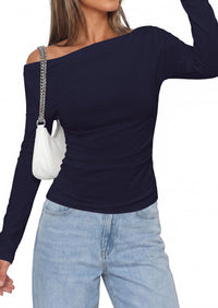 PRETTYGARDEN Off The Shoulder Tops for Women Going Out Long Sleeve Shirts Fall Casual Fitted Ribbed Ruched Y2K Clothes