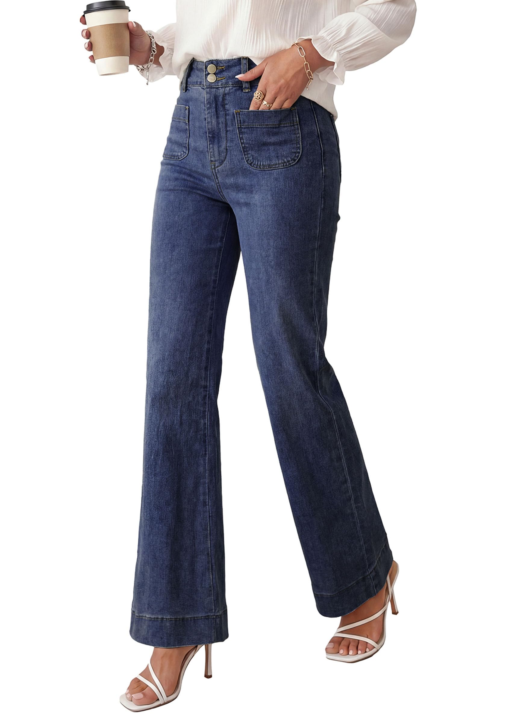 PRETTYGARDEN Womens Wide Leg Jeans High Waisted Stretchy|High Rise Bootcut Jeans with Front Patch Pockets, Loose Fit Daily Wear Denim, Trendy Work Pants, Business Casual Outfits