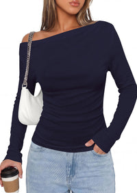 PRETTYGARDEN Off The Shoulder Tops for Women Going Out Long Sleeve Shirts Fall Casual Fitted Ribbed Ruched Y2K Clothes