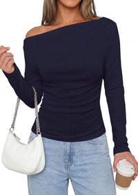 PRETTYGARDEN Off The Shoulder Tops for Women Going Out Long Sleeve Shirts Fall Casual Fitted Ribbed Ruched Y2K Clothes