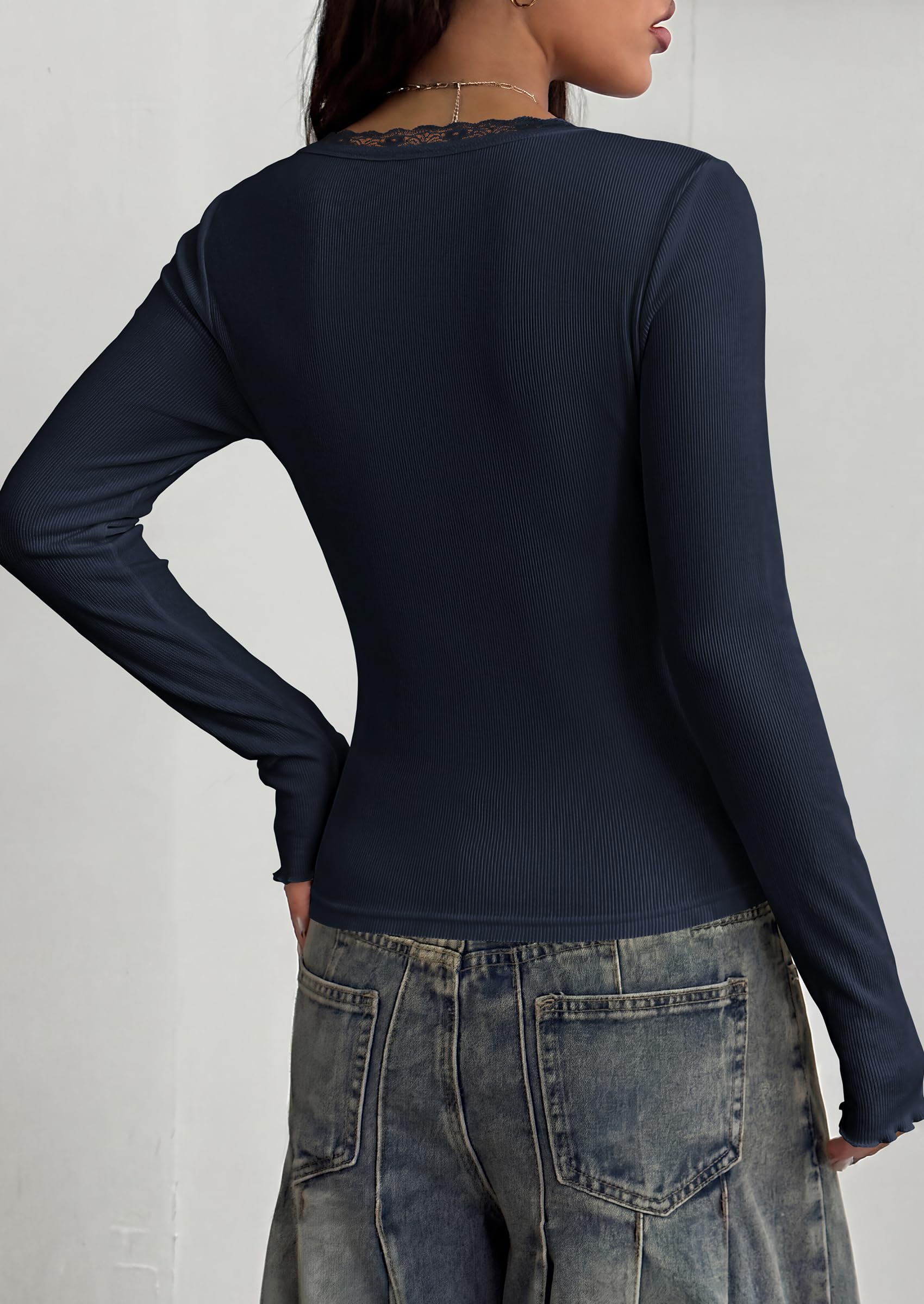 PRETTYGARDEN Womens Fall Long Sleeve Tops Lace Trim V Neck Button Henley Tshirts Slim Fitted Going Out Y2k Basic Shirts 2026