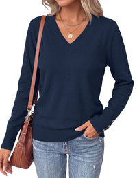 PRETTYGARDEN Fall Sweaters for Women V Neck Lightweight Pullover  Soft Knit Sweater Tops,Long Sleeve,Slit Cuffs with Decorative Button,Work Business Casual Outfits,Layering Winter Clothes