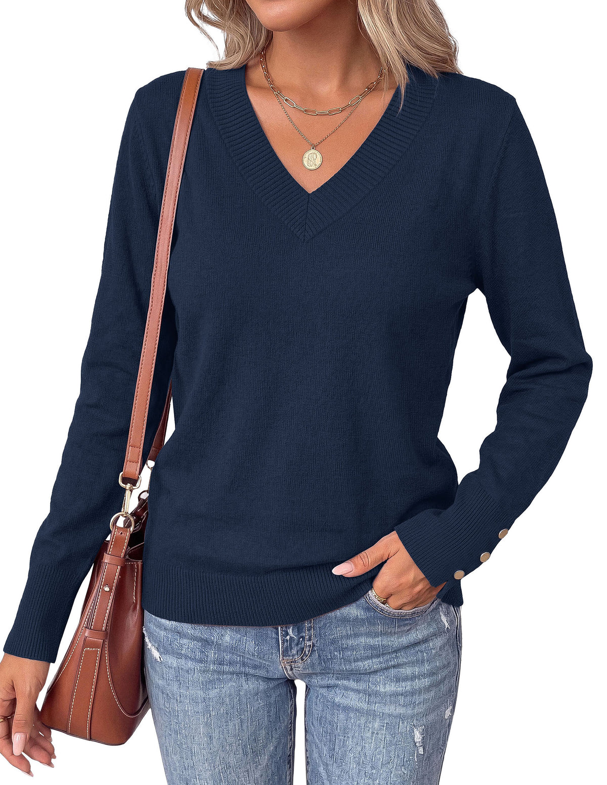 PRETTYGARDEN Fall Sweaters for Women V Neck Lightweight Pullover  Soft Knit Sweater Tops,Long Sleeve,Slit Cuffs with Decorative Button,Work Business Casual Outfits,Layering Winter Clothes
