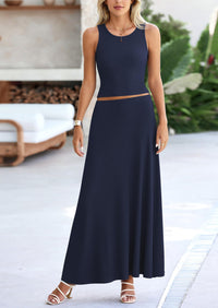 PRETTYGARDEN 2 Piece Maxi Skirt Sets Casual Knit Cropped Tank Top High Waisted Long Skirts Outfit