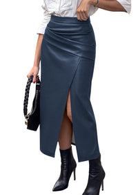 PRETTYGARDEN Faux Leather Long Skirts for Women | High Waisted Front Slit,Elegant Bodycon Midi,Work Office Business Casual Clothes,Fall Outfits,Party Cocktail Pencil Skirt