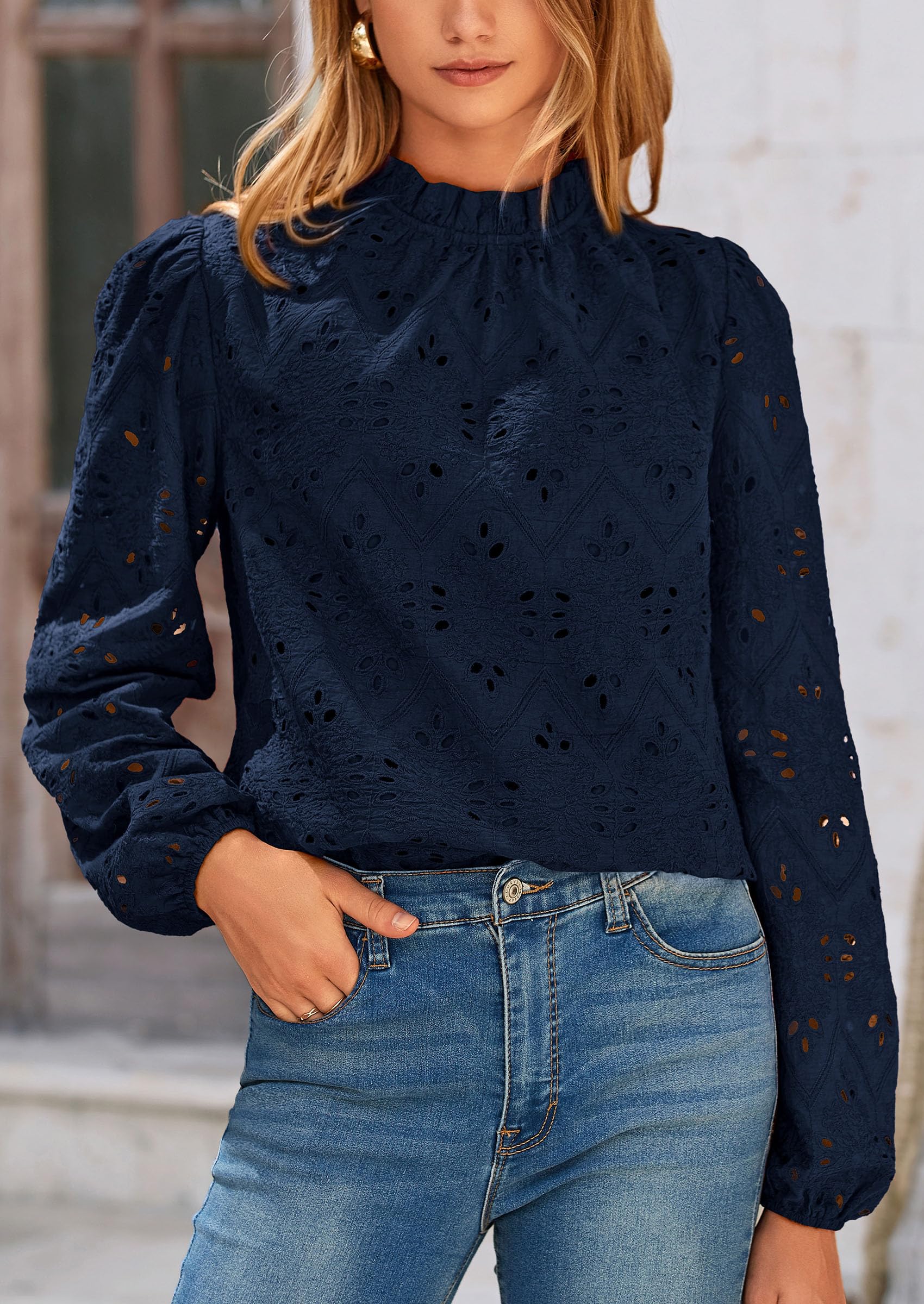 PRETTYGARDEN Womens Tops Dressy Casual Spring Long Sleeve Shirts Embroidered Eyelet Blouses Going Out Outfits