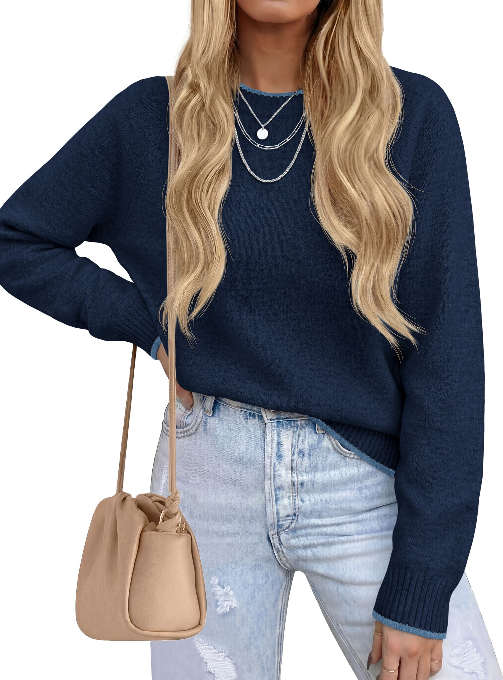 PRETTYGARDEN Womens Crewneck Fall Sweaters Pullover Tops | Soft Stretchy Knit,Reglan Long Sleeve,Ribbed Cuffs,Color Block,Casual Daily Outfits,Office Work Clothes,Winter Layering Wear