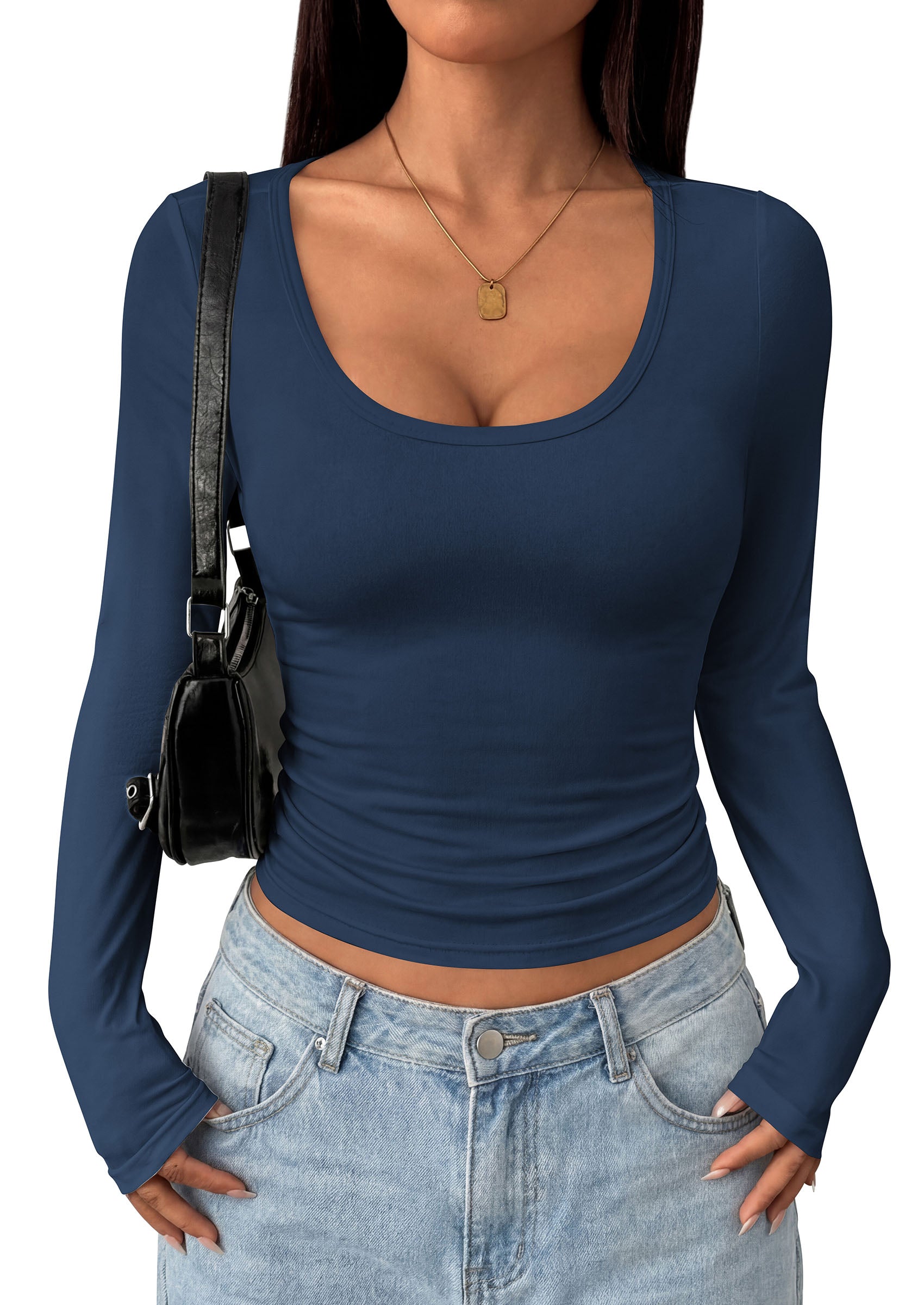 PRETTYGARDEN Womens Long Sleeve Tops 2026 Casual Scoop Neck Basic Tees Slim Fitted Tshirts Layer Knit Fall Outfits