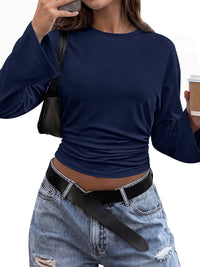 Classic Crewneck Ruched Waist Tee Shirts, Casual Fitted Cute Top, Soft Basic Layering, Y2k Fall Outfits, Fashion Clothing