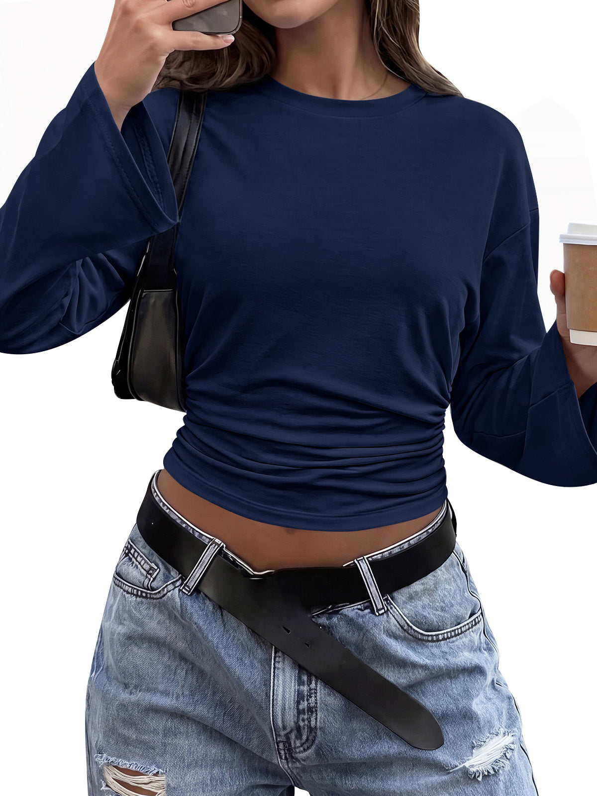 Classic Crewneck Ruched Waist Tee Shirts, Casual Fitted Cute Top, Soft Basic Layering, Y2k Fall Outfits, Fashion Clothing