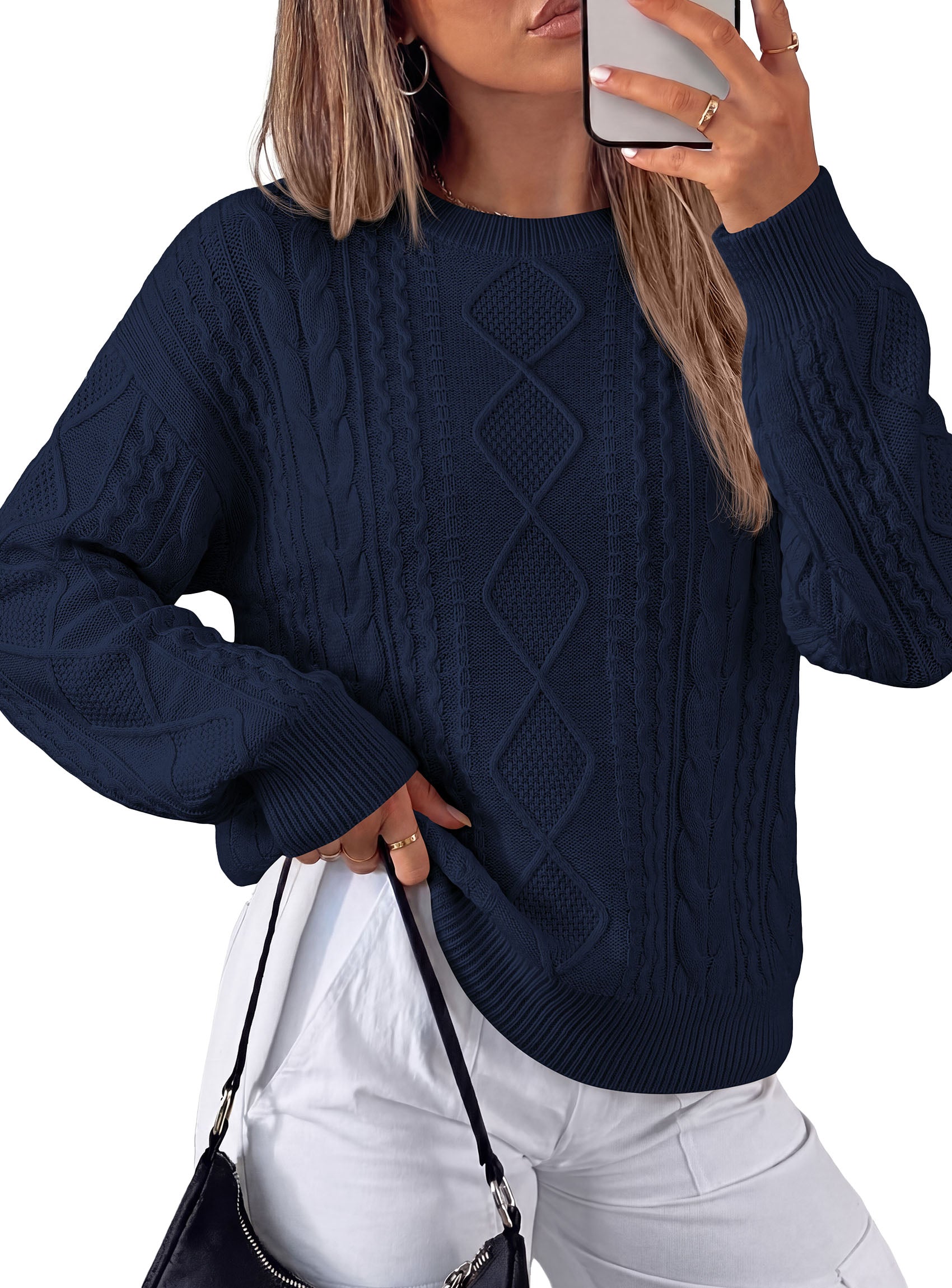 PRETTYGARDEN Womens Cable Knit Sweater Crewneck Pullover | Soft Ribbed Cuffs,Relaxed Fit Long Sleeve Sweaters,Chunky Diamond,Warm Layering,Comfy Daily Wear,Fall Winter Going out Top