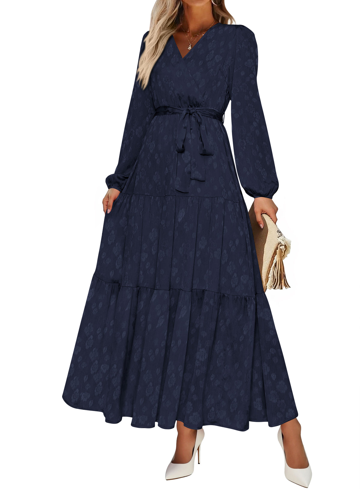 PRETTYGARDEN Womens Long Sleeve Boho Floral Wrap Maxi Dress  Fall Wedding Guest Dresses 2026, Chiffon Flowy Long Dresses, Casual Tie Waist V Neck Dress, Modest A Line Ruffle Tiered Dress