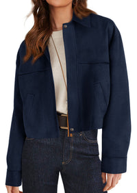 PRETTYGARDEN Women's Faux Suede Cropped Fall Jackets | Soft Zip Up Coats,Classic Lapel Collar,Button Down Shacket,Oversized Casual Outerwear,Trendy Winter Clothes with Pockets