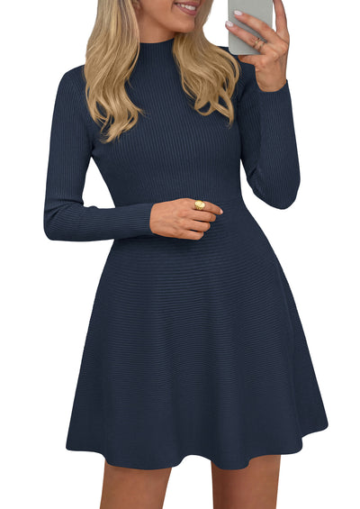 PRETTYGARDEN Womens Mock Neck Long Sleeve Sweater Mini Dress | Soft Ribbed Knit Flared A‑Line, Elegant Fall Winter Dresses for Wedding Guest, Cocktail & Holiday Party Casual Outfits