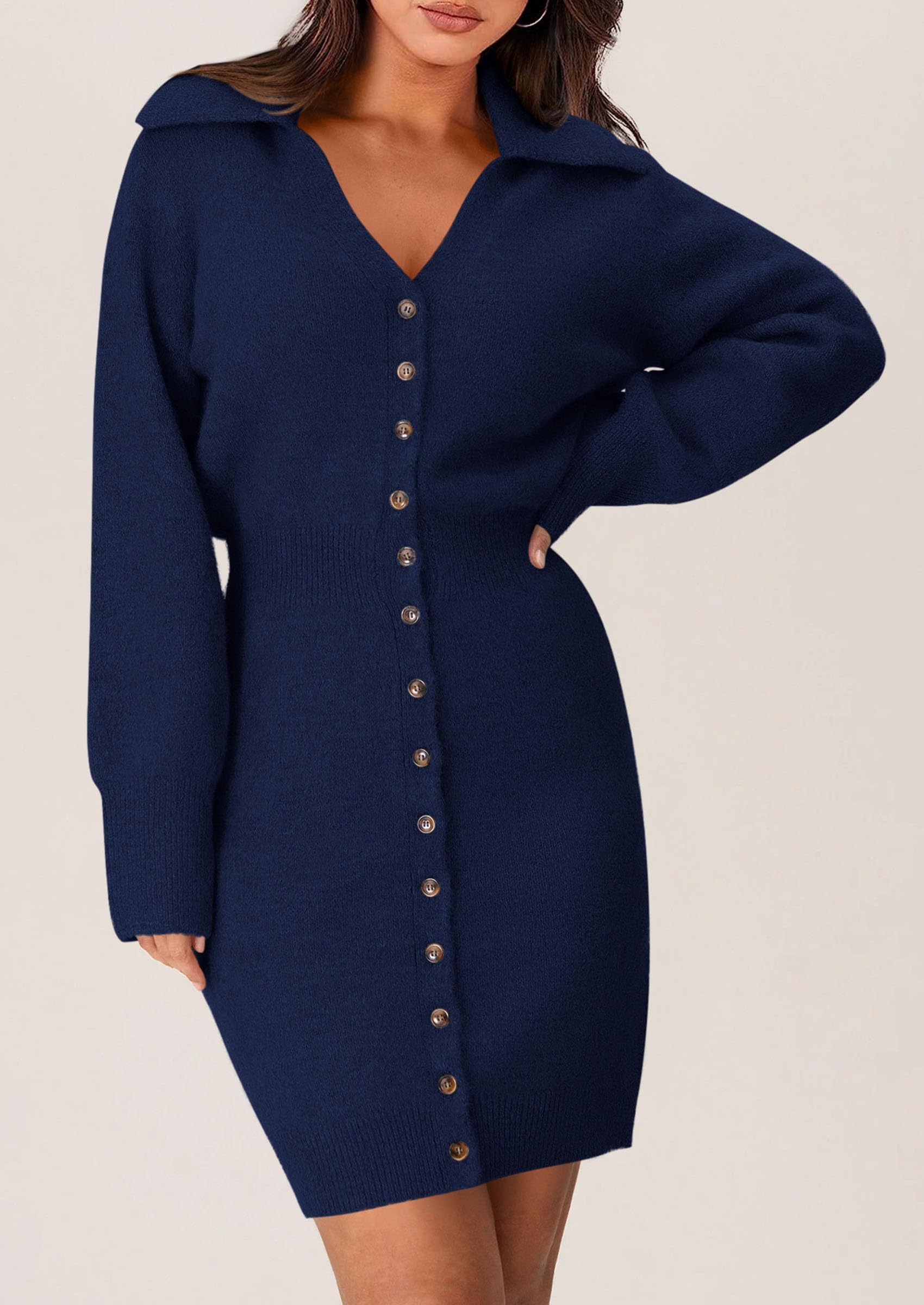 PRETTYGARDEN Sweater Dresses for Women Trendy Long Sleeve Button Down Short Spring Dress