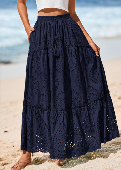 BTFBM Women's Boho Casual Skirts Summer Lace Embroidery Eyelet Elastic Waist Flowy Tiered A-Line Beach Maxi Skirt