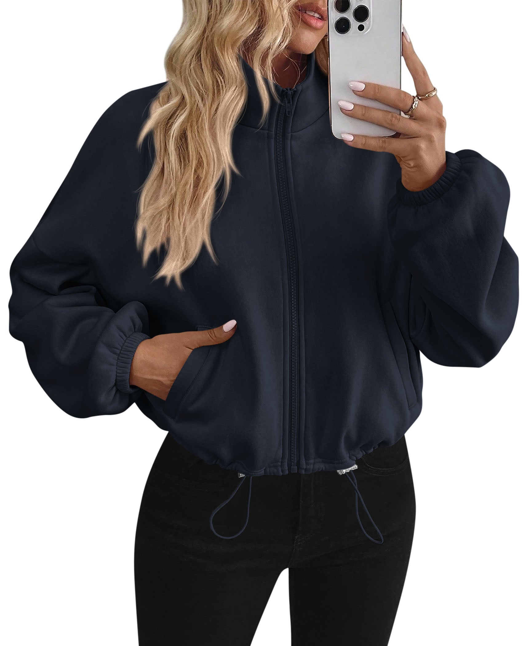 PRETTYGARDEN Womens Zip Up Fleece Cropped Sweatshirt Jacket | Oversized Loose Soft Stand Collar with Drawstring Hem, Long Sleeve Casual Coat With Pockets, Fall Outfits Winter Clothing