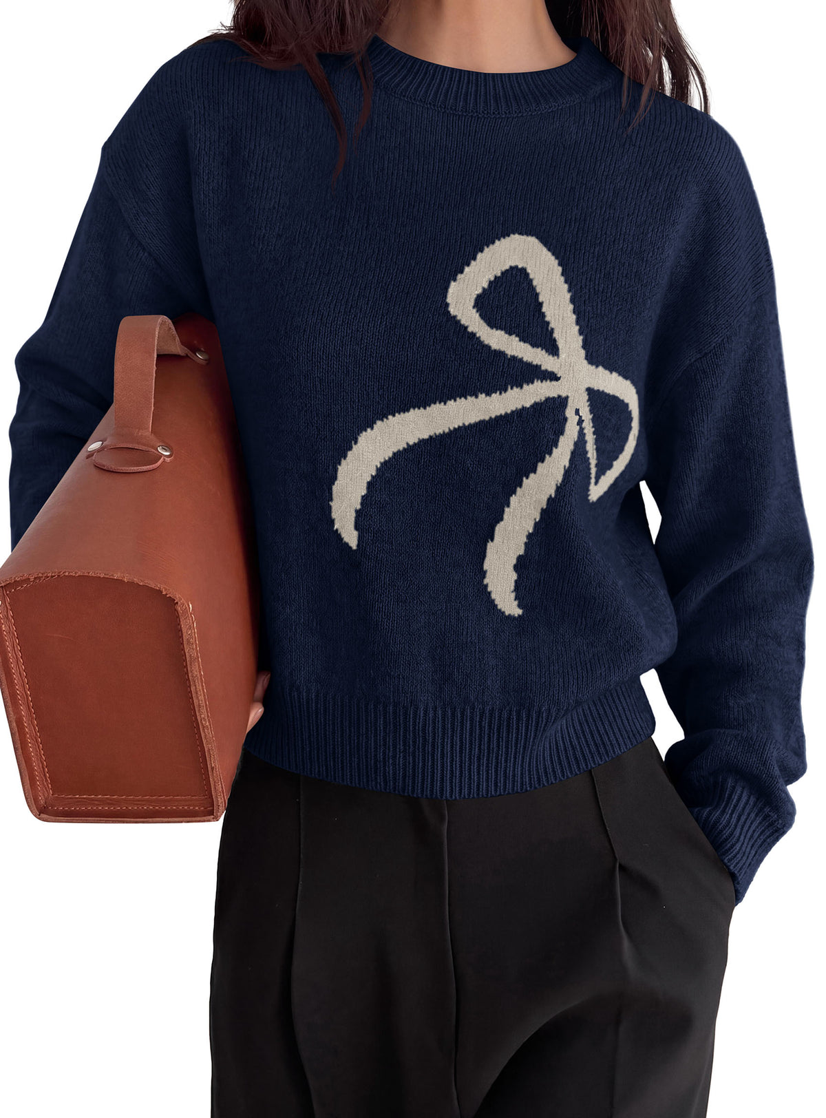 PRETTYGARDEN Womens Bow Sweater Cute Crewneck Long Sleeve Tops Fall Outfits  Soft Cozy Knit Pullover,Relaxed Fit,Holiday Sweaters,Daily Wear,Work Office,Casual Going Out Y2k Tops,Winter Fashion Clothing
