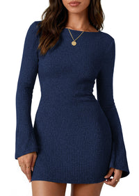 PRETTYGARDEN Womens Fall Bell Long Sleeve Mini Dress 2026 Casual Boat Neck Ribbed Bodycon Short Party Cocktail Dresses