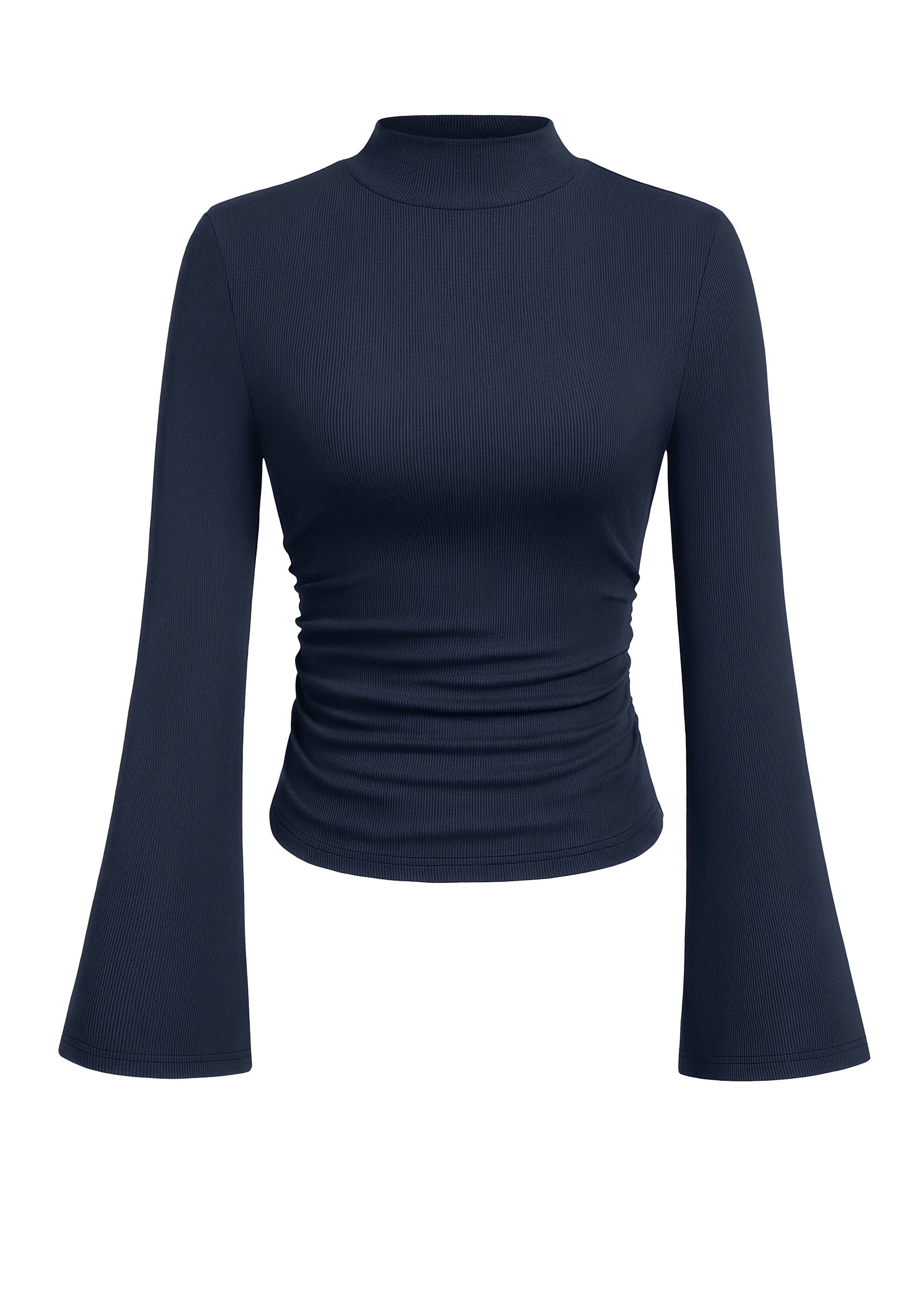 PRETTYGARDEN Womens Long Sleeve Shirts 2026 Fall Bell Sleeves Mock Turtleneck Ribbed Going Out Tops Casual Ruched Y2K Clothes