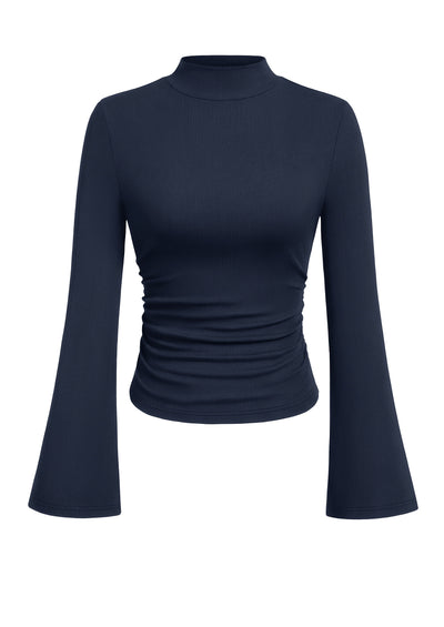 PRETTYGARDEN Womens Long Sleeve Shirts 2026 Fall Bell Sleeves Mock Turtleneck Ribbed Going Out Tops Casual Ruched Y2K Clothes