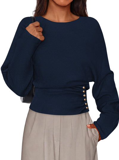 PRETTYGARDEN Batwing Sleeve Sweaters For Women Pullover Fall Clothes						 					  Cozy Ribbed Knit, Single Side Button,  Cinched Waist, Business Casual Work Outfits , 2026 Trendy Fall Winter Fashion Clothing