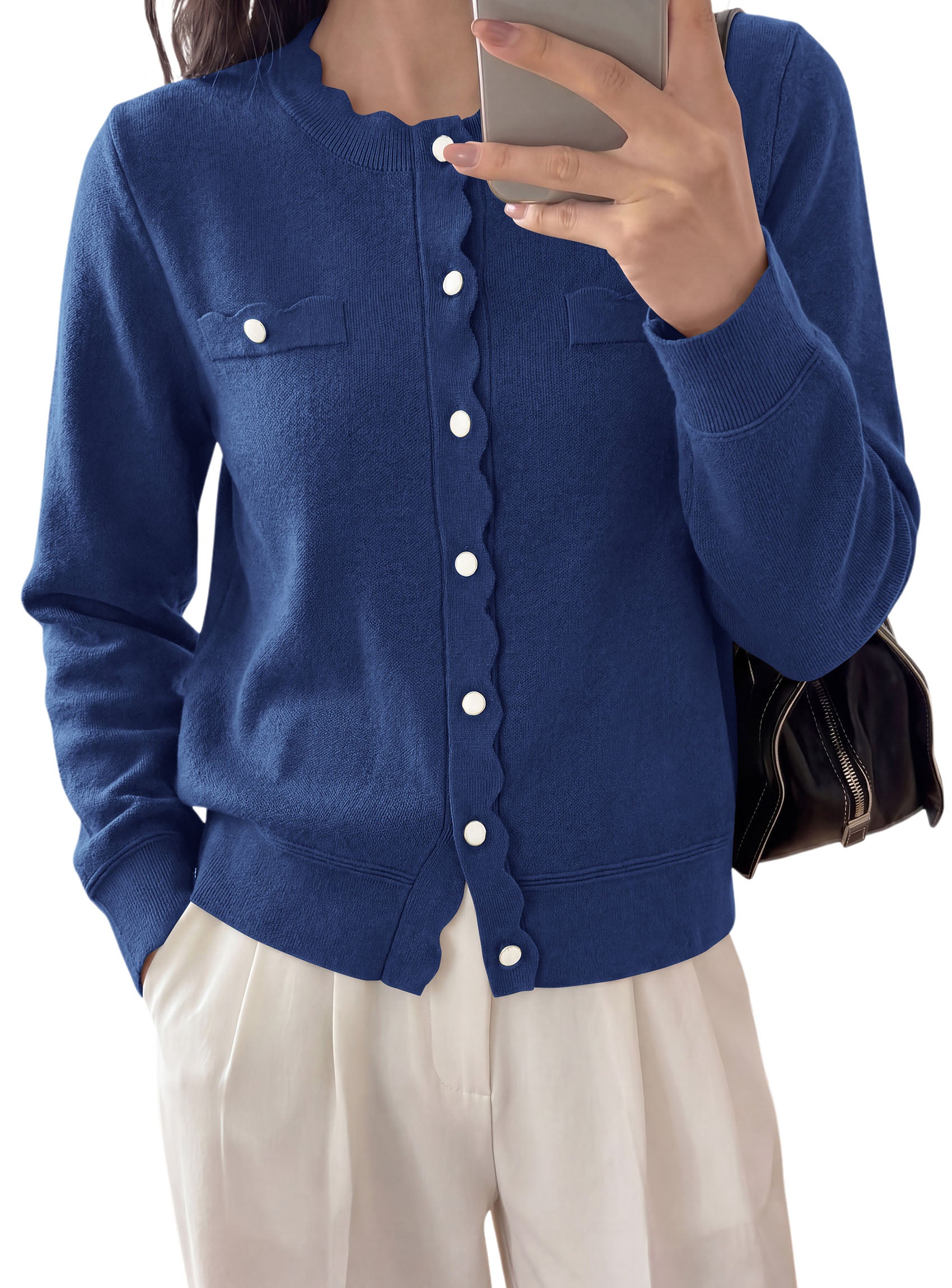 PRETTYGARDEN Cardigan Sweaters for Women Scalloped Button Up Fall Outfits  Soft Knit Long Sleeve Knit Tops,Crew Neck,Business Casual Outfits,Office Work Lightweight Sweater,Layers Clothes